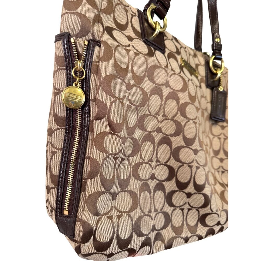 Coach Brown‎ Signature Canvas Tote Bag W/ Leather Handles & Gold-Tone Hardware - Picture 2 of 7
